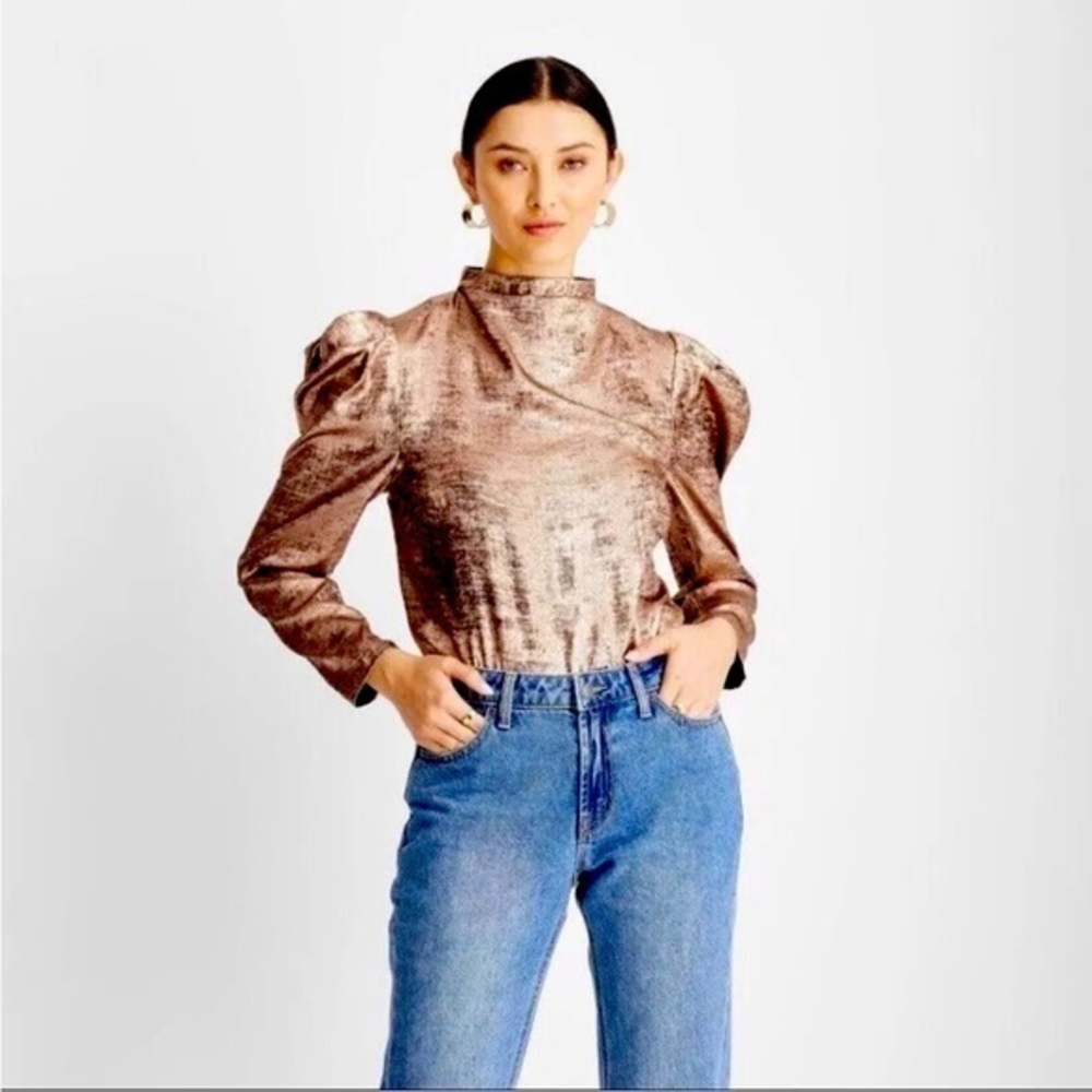 Future Collective Kahlana Barfield Brown‎ Blouse Puff Long Slv Copper Small NWT